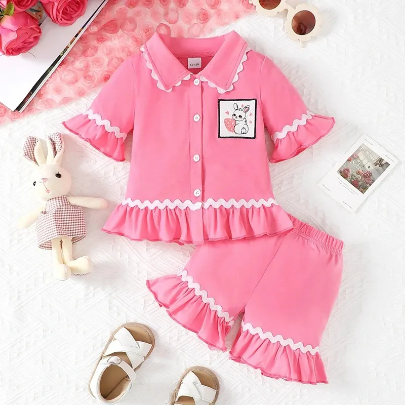 03Y Baby Girls Summer Pajama Set Short Sleeve Lapel Button Down Shirts Tops Ruffle Shorts Toddler Sleepwear Kids Loungewear 240325