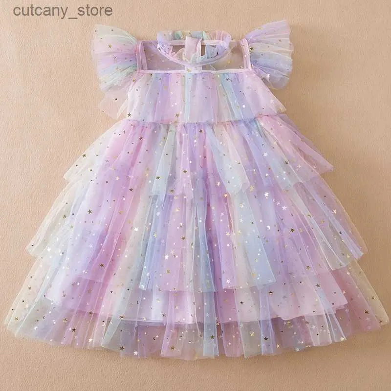 Girl's Dresses Girls Sequin Princess Dress Fly Seve Rainbow Star Cake Layered Dress Children Mesh Birthday Party Gowns Baby Casual Clothes L240402