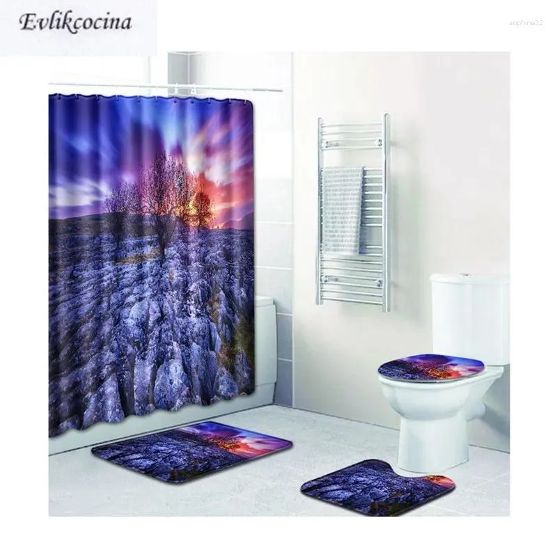 Badmatten 4pcs Baum unter Sonnenuntergang Casa de Banho Banyo Badezimmer Teppichmatte Set Nicht -Slip Tapis Salle Bain Alfombra Bano