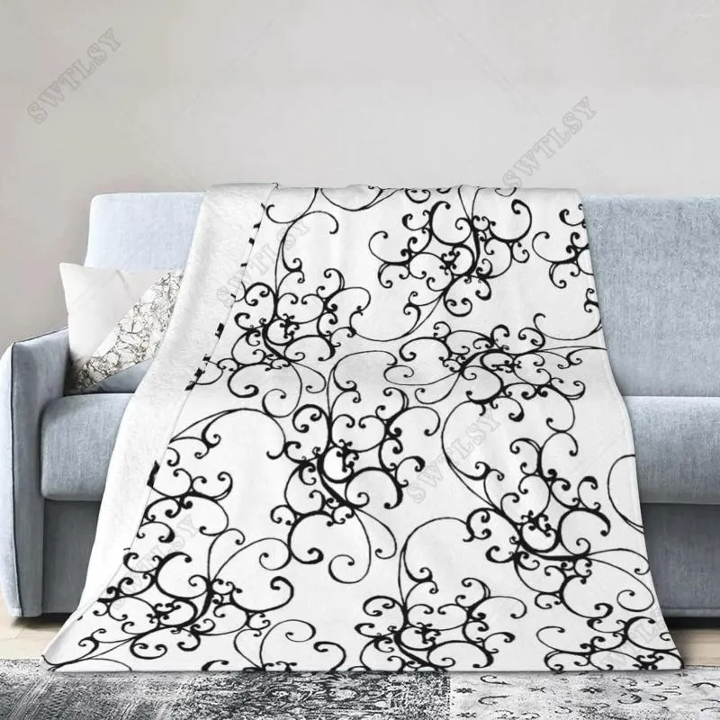 Couvertures élégantes Scroll blanc couverture noire à lèvres molle en peluche confortable à la flanelle floue légère et à la flanelle floue de voyage outdoo