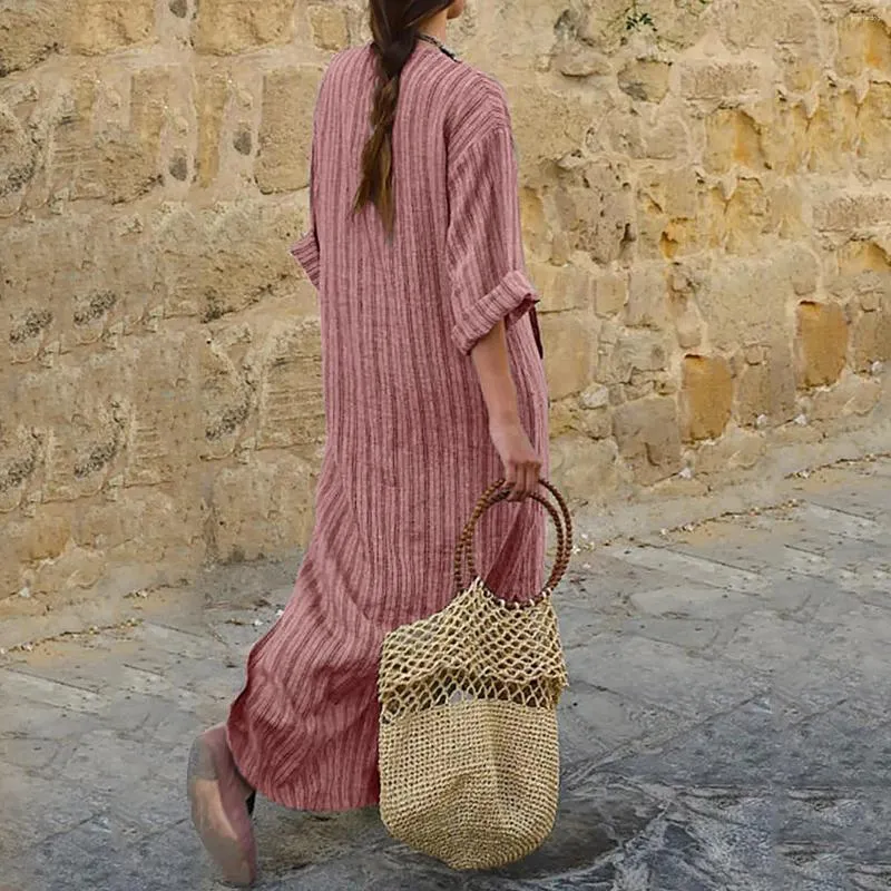 Casual Dresses Women's Summer Cotton Linen Long Dress Fashion Striped V Neck Loose Large Size Sleeve Pockets