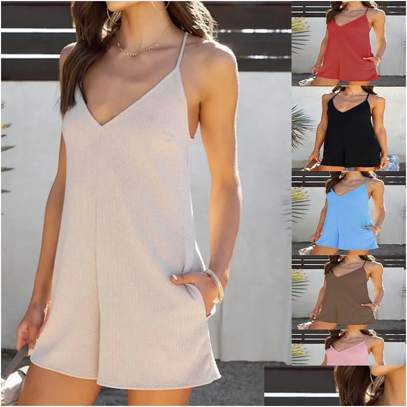 Kvinnors jumpsuits rompers Womens Summer New Style Sling Justerbar Pocket Casual Loose One Piece Shorts Drop Delivery Apparel Cloth DHBXH