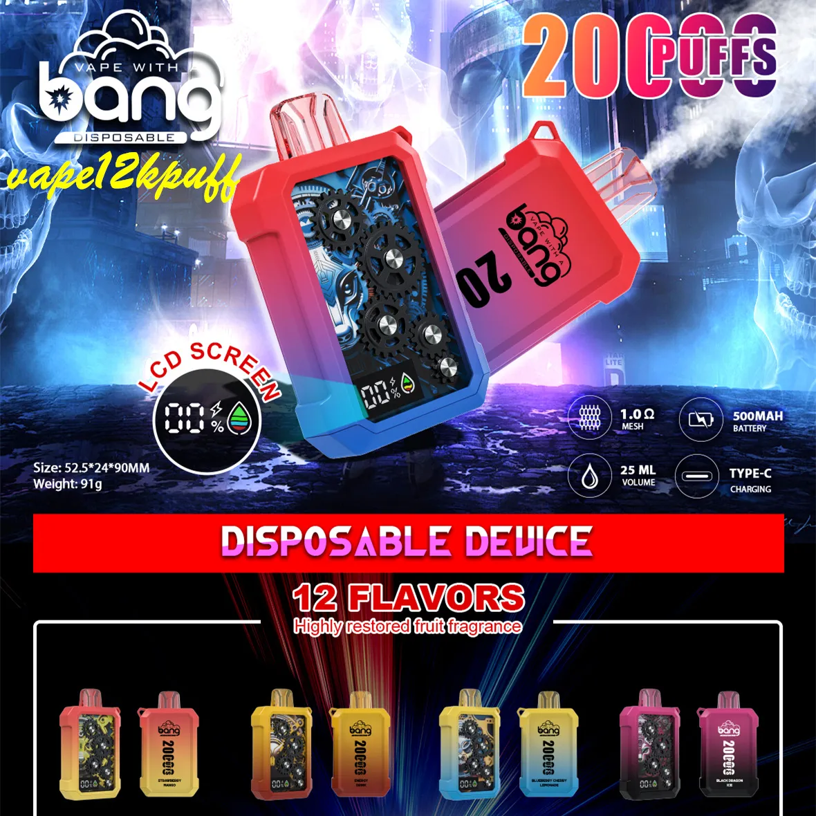 Bang 20000puff E Set Cigarette Puffs20k Disposable Vape Pen Pod500mAh Mesh Coil LCD Affichage des vapeurs rechargeables 0% 2% 3% 5%