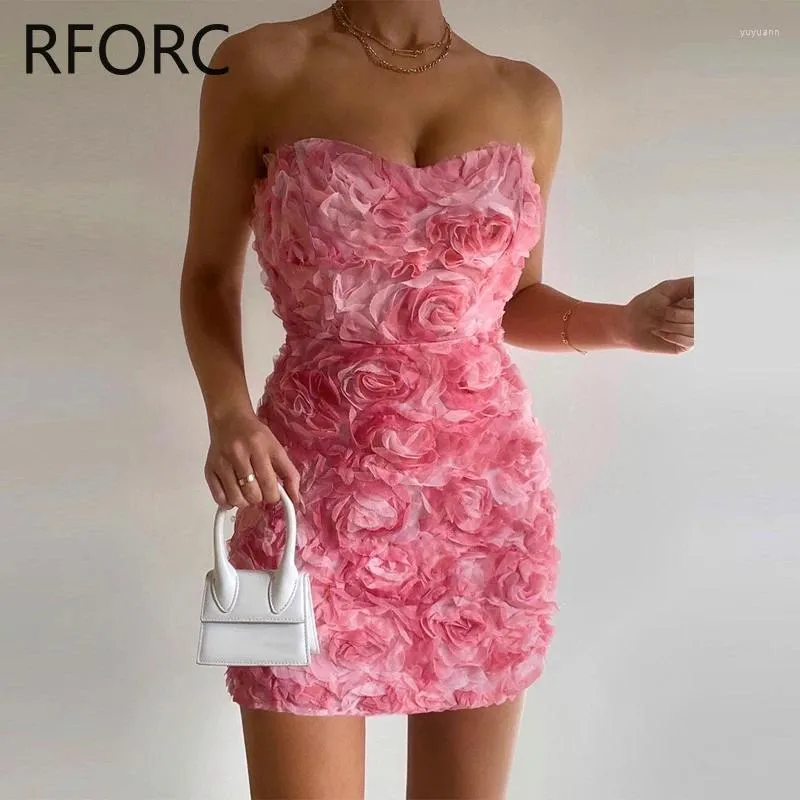 Casual Dresses 2024 Women Strapless Three Dimensional Floral Decoration Sexy Sweety Mini Party Dress