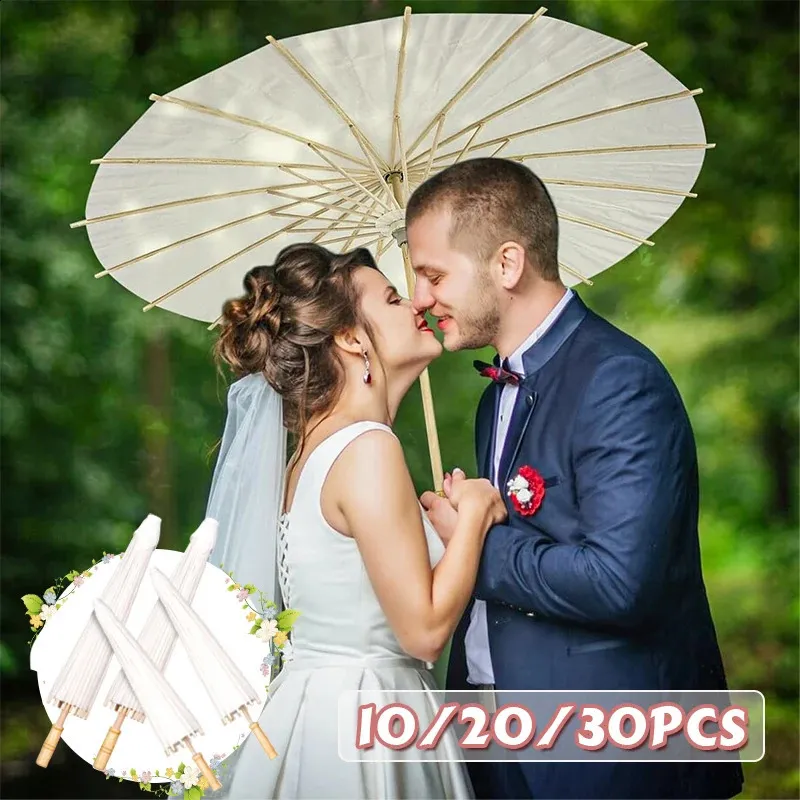 Wedding Party Favor Paper Parasol Bamboo Umbrella 6/10 White Chinese Paper Umbrella Bridal Shower Centerpiece Po Prop 60/80cm 240329