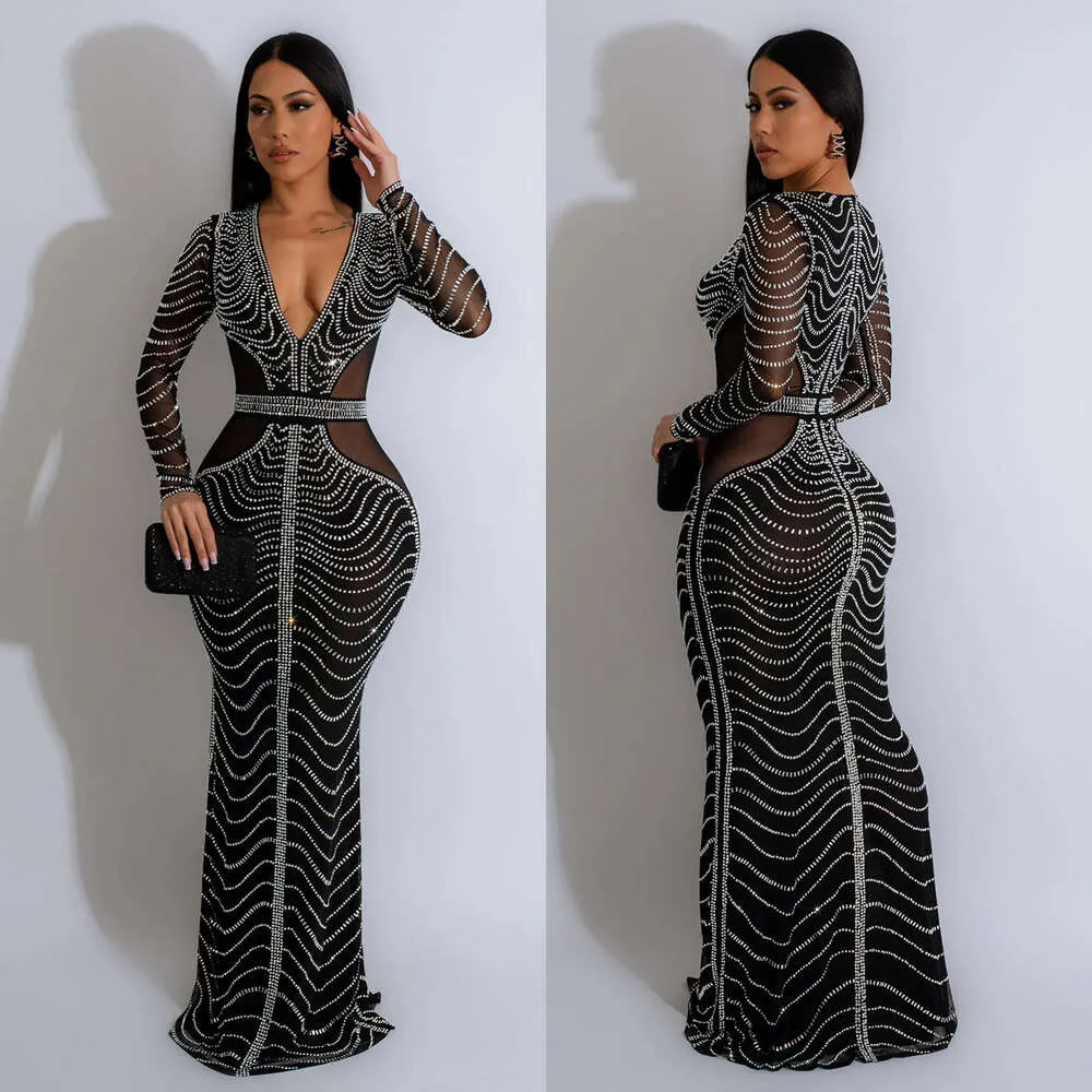 Fashion Women's Solid Color Mesh Hot Diamond Long Dress with Stand Collar  and Batwing Sleeves