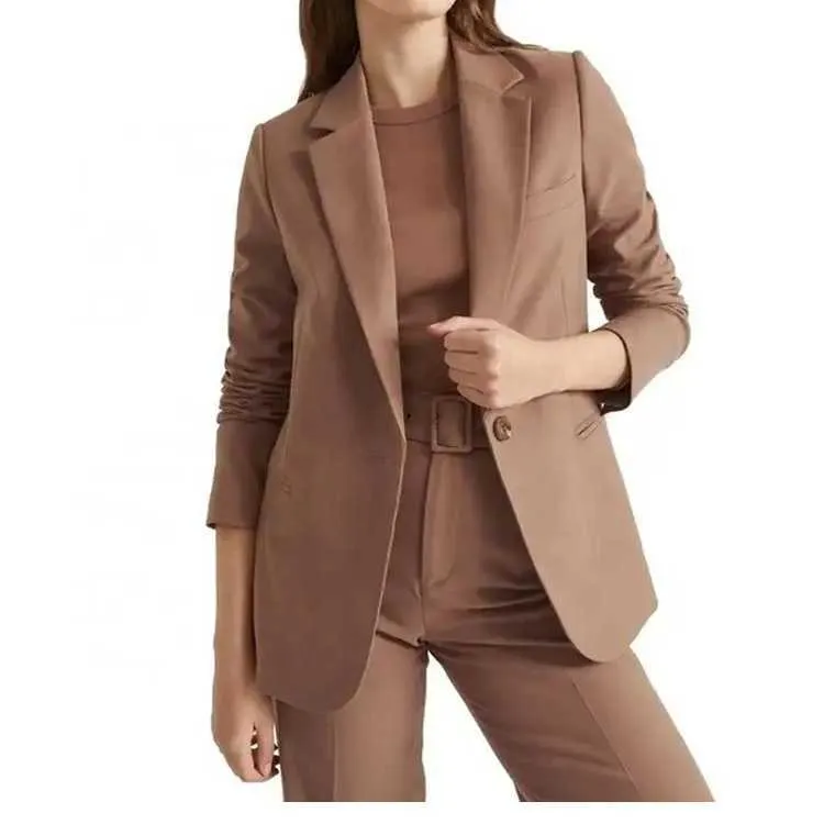 Fashionable Lady Office Coat Set Suits Streamline Slim Fit Long Sleeve Ladies Formal Brown Blazer For Teen Girl Women