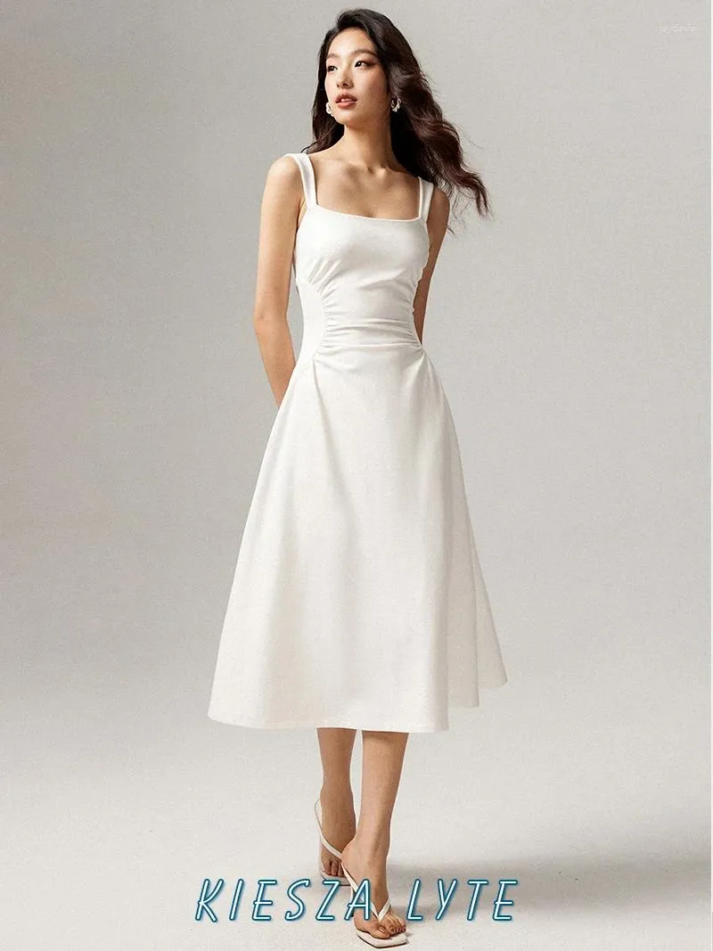 Casual Polyester Midi Dress with Empire Waist and Pleated Design for Women,  Mid-Calf Length, Sleeveless, Square Collar, White from Dhgate Basic &  Casual Dresses - price 72.28