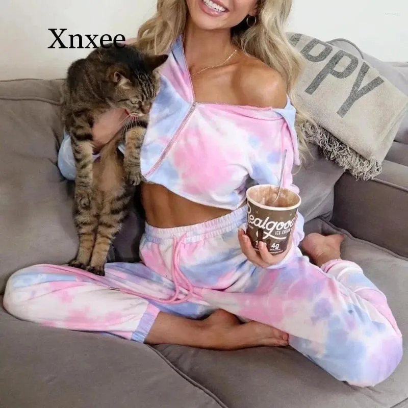 Pantalon à deux pièces pour femmes Femme à glissière d'automne teinture Sweat-shirt à raccordement Tie-dye Set Femme Street Sweet Sweat