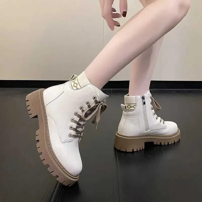 Womens Shoes 2024 High Quality Side Zipper Womens Boots Fashionable Front Lace Office and Professional New Plus Size Mid Calf Boots Y241105