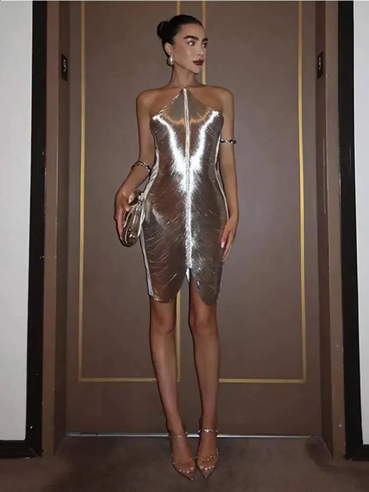 Women's Sexy Metallic Shiny Halter Mini Dress Fashion Slim Sleeveless  Backless Tassels Dresses Lady Chic Party Evening Robes 240321wtt from  Dhgate Basic & Casual Dresses - price 44.81