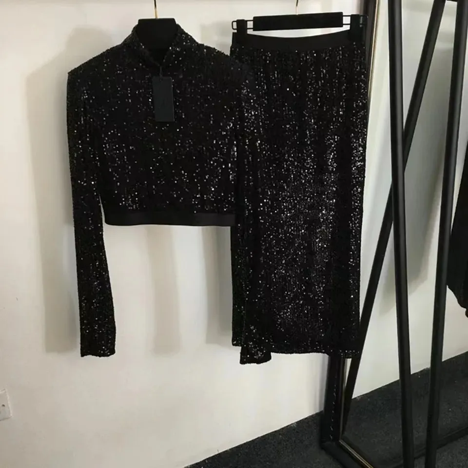 P2A Abito da due pezzi Designer di lusso di alta qualità Abito da primavera da donna con paillettes medi zip al collo alto slim cotone a due pezzi set a due pezzi