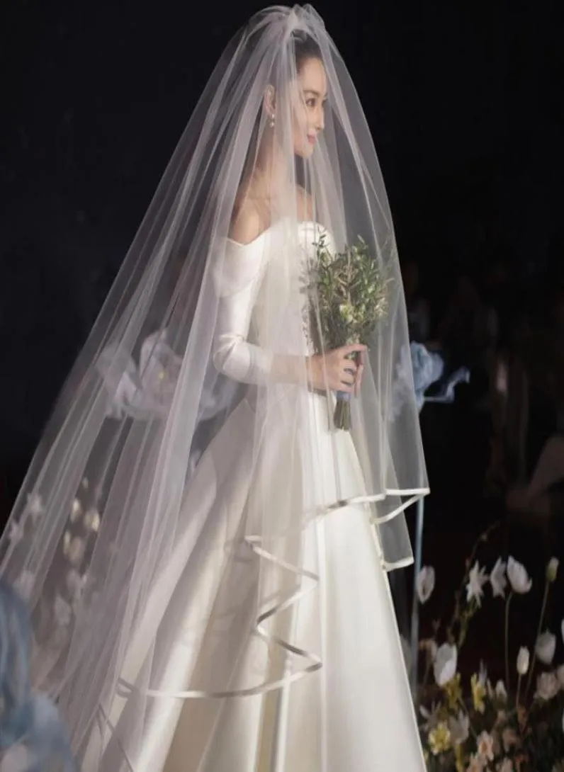 Welon ślubny super długie 6 metrów podwójna warstwa prosta satynowa krawędź wstążki 3M szerokość zasłony Wedding Accessoires2284867
