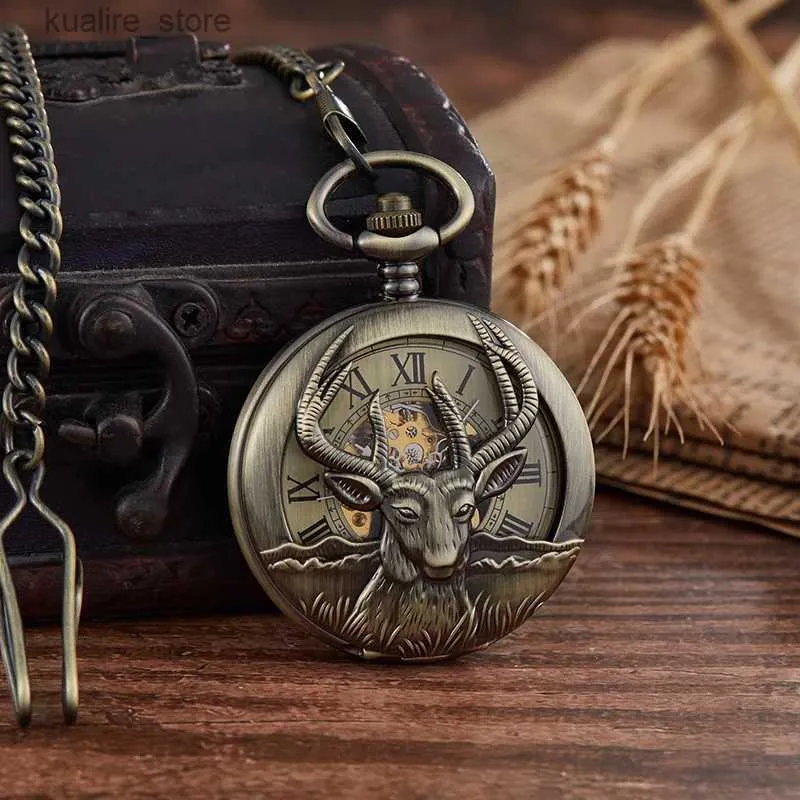 Pocket horloges retro bronzen zilveren geit ontwerpen mechanische zak handwindende steampunk keten mannelijke fob klok mannen dames l240402