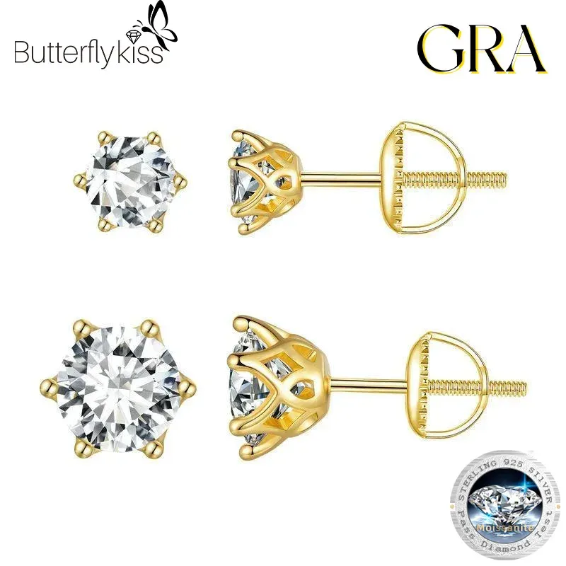 Rings Butterflykiss Classic SixClaw 0.52CT Moissanite Screws Back Earrings For Women S925 Sterling Silver Gold Plated Fine Jewelry