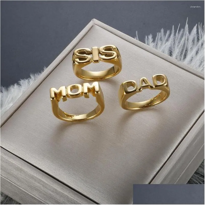 Cluster anneaux mode Gold plaqué lettres brillantes en acier inoxydable pour femmes hommes maman sis papa bijoux polonais de haute qualité