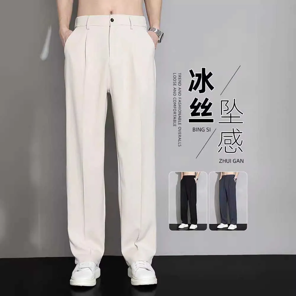 Ice Silk Mini Suit Pants For Mens Summer Thin Quick Torking Wide Ben Straight Löst passande Casual Draped Trendy