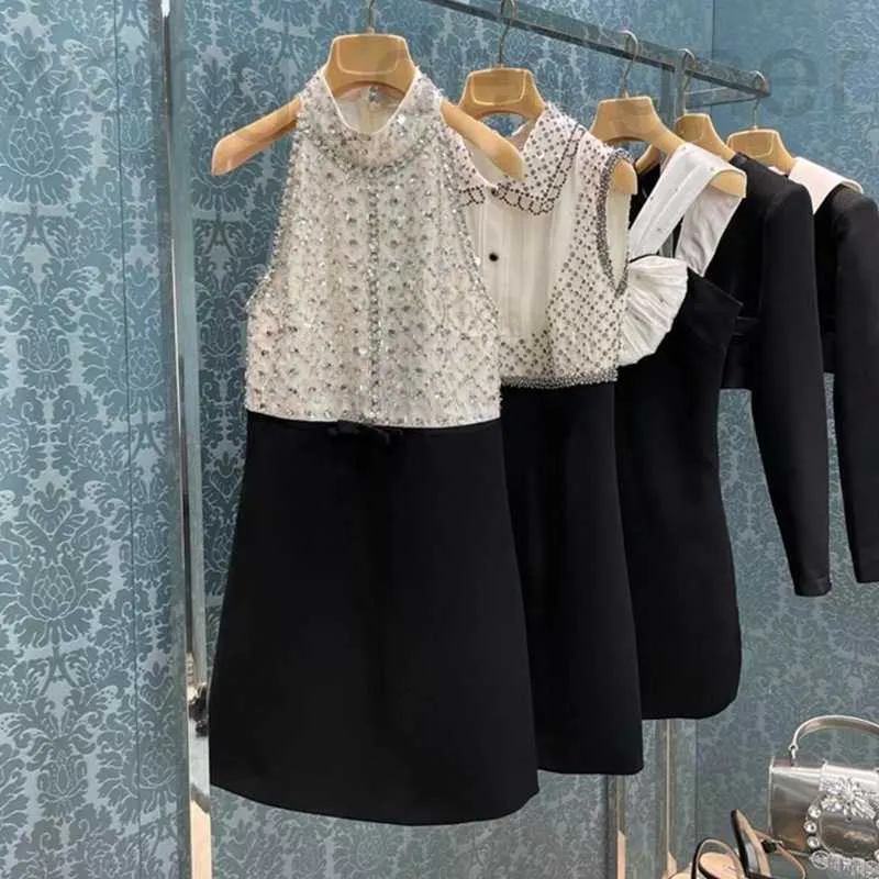 Basic & Casual Dresses designer Miu Miao Little Gift Dress 2023 Spring New Eugen Silk Dingdiamond Contrast Tank Top Hanging Neck Women's IIM6