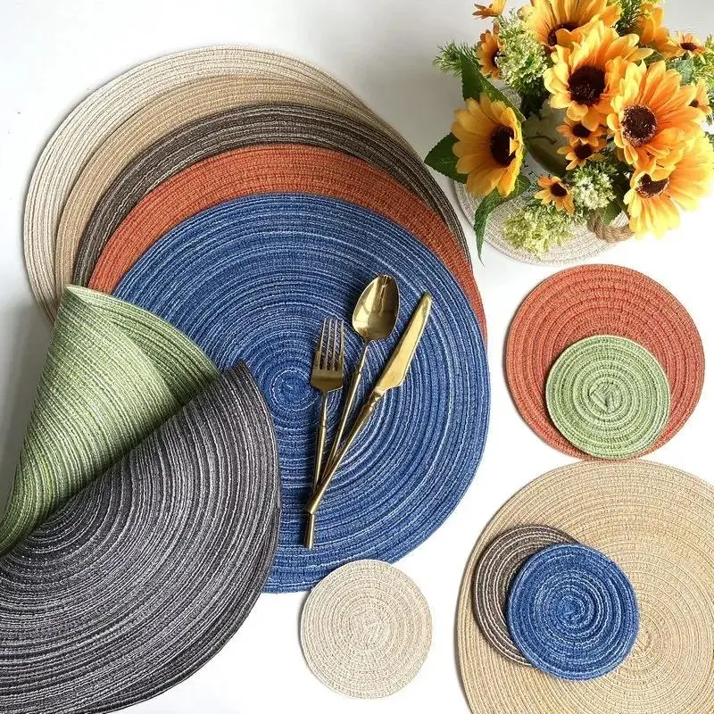 Table Mats 6pcs Round Mat Woven Ramie Placemats Anti Slip Dining Tableware Bowl Pad Kitchen Accessories Drink Cup Coasters