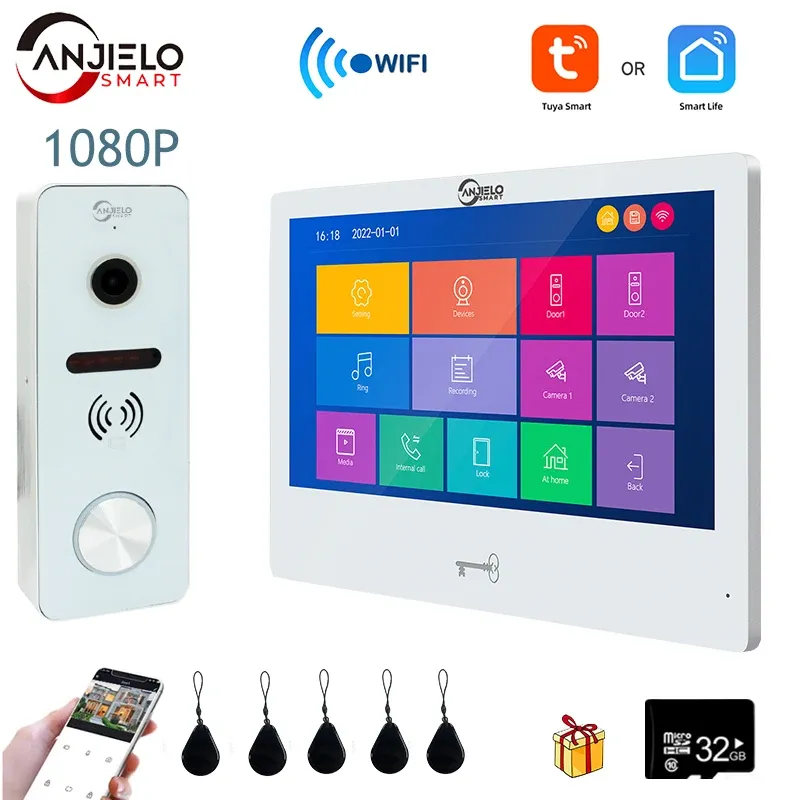 Kapı Zilleri Tuya 10 inç dokunmatik monitör akıllı ev video intercom sistemi 1080p 160 ° video kapı zili kamera tam dokunmatik monitör ic kartı kilidini açma