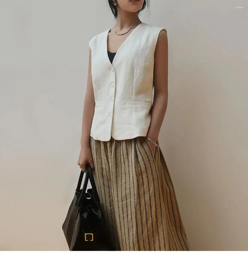 Women's Vests Casual White Linen Suit Vest Coat For 2024 Spring Summer Versatile Designer Sleeveless V-neck Tank Top Female