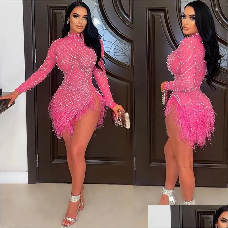 Urban Sexy Dresses Party Y Dress Solid Color Fringe Feather Diamonds O Neck Long Sleeve Celebrity Mini Vestidos Drop Delivery Apparel Dhhpk