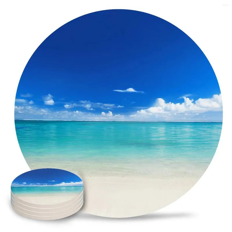 Table Mats Ocean Beach Landscape Coasters Ceramic Set Round Absorbent Drink Coffee Tea Cup Placemats Mat