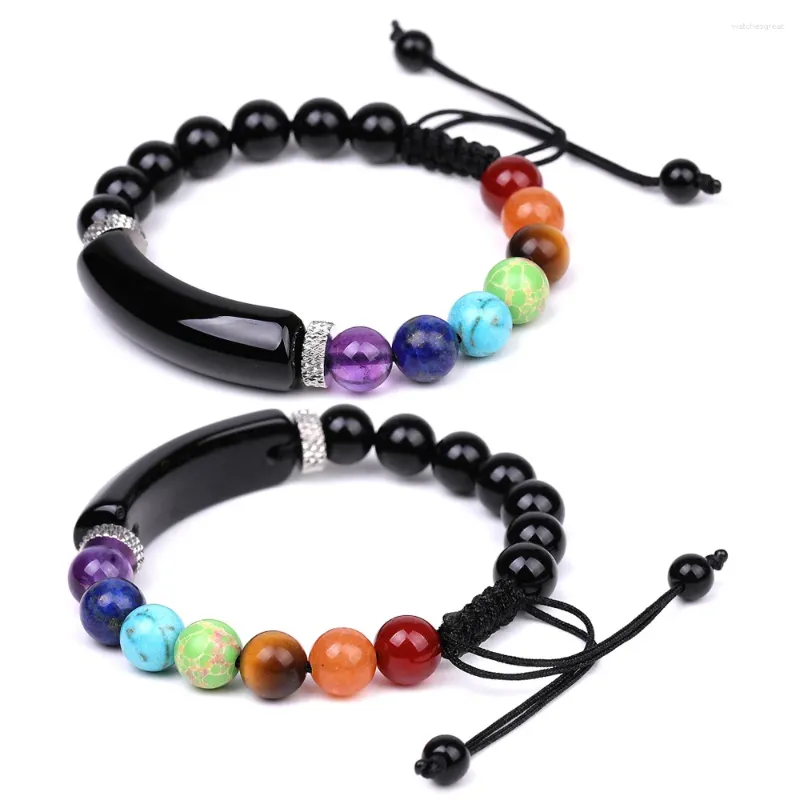 Strandseil einstellbare Turmalin 7 Chakra Steinarmbänder natürliche schwarze Obisidianl Rechteck Stange Meditation Pulsera