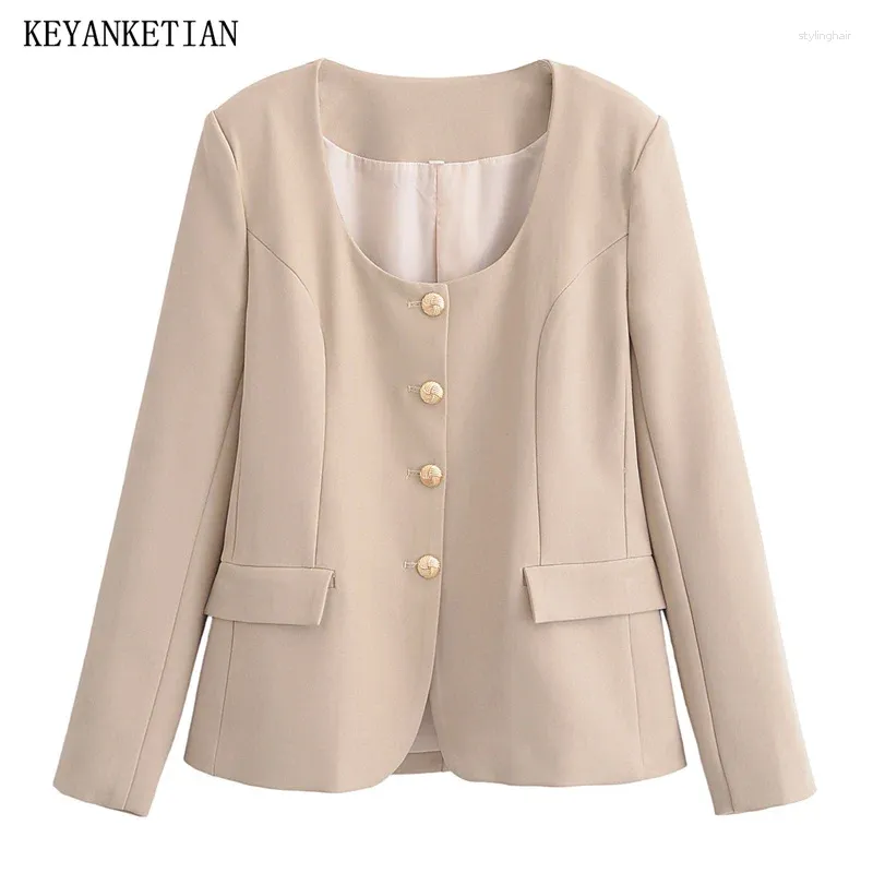 Kvinnors kostymer Keyanketian 2024 Lansering Khaki Suit Elegant Enkelt enstaka bröstklafffickor o-hals Slim Ytterkläder Crop Top Coat