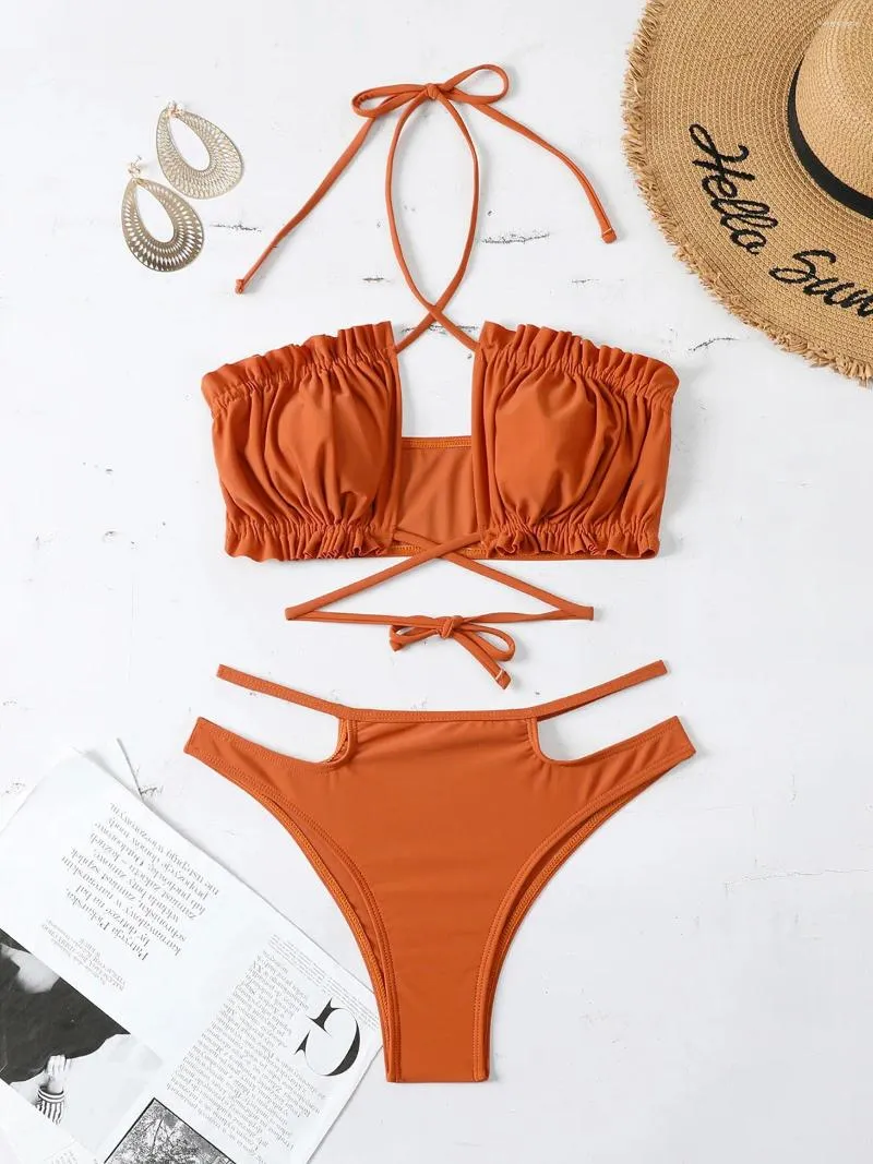 Women's Swimwear Halter Pleated Ruched Mid Waist Bikini Women Female Swimsuit Two-piece Set Padded Bather Bathing Suit Swim K3726