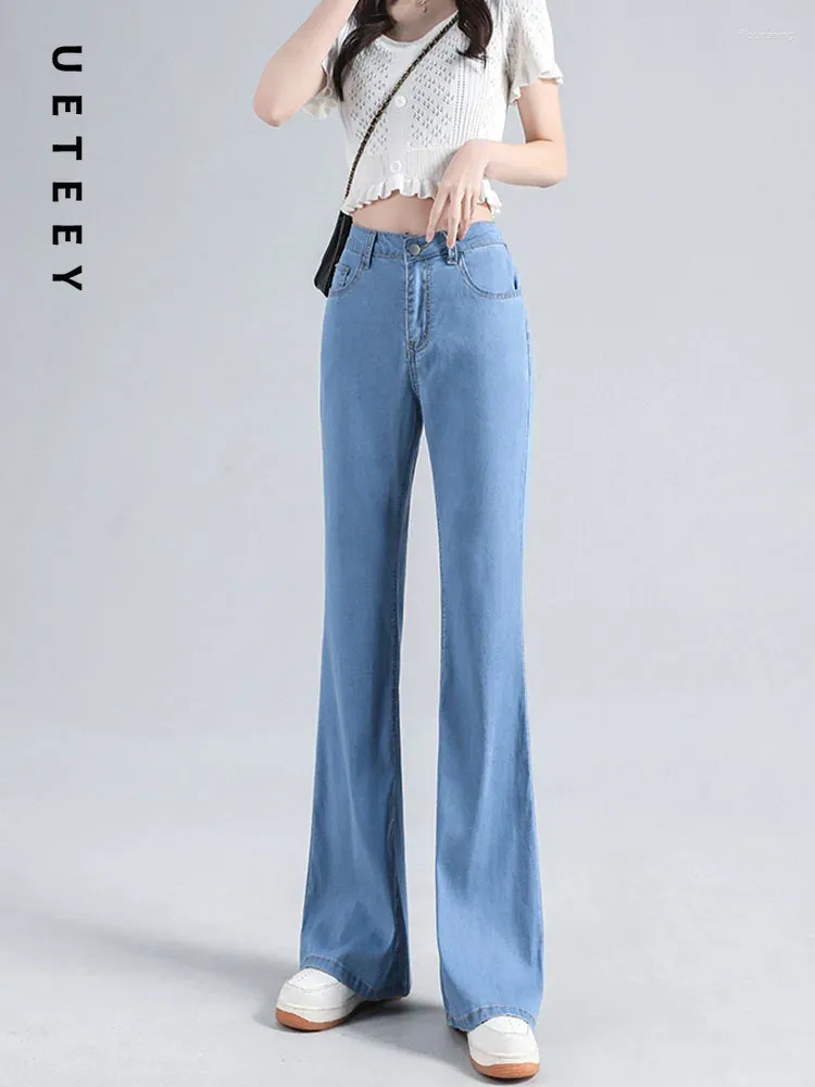 Jeans feminino ueteey azul de cintura alta calça skinny calça de streetwear calça y2k moda 2024 versátil slim jeans mãe