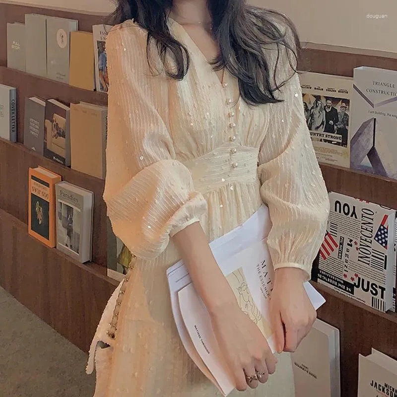 Casual Dresses Korean Style Sequins Party Dress Vintage French Puff Long Sleeve Midi Women Elegant V-Neck Fairy Wedding Robe 20586