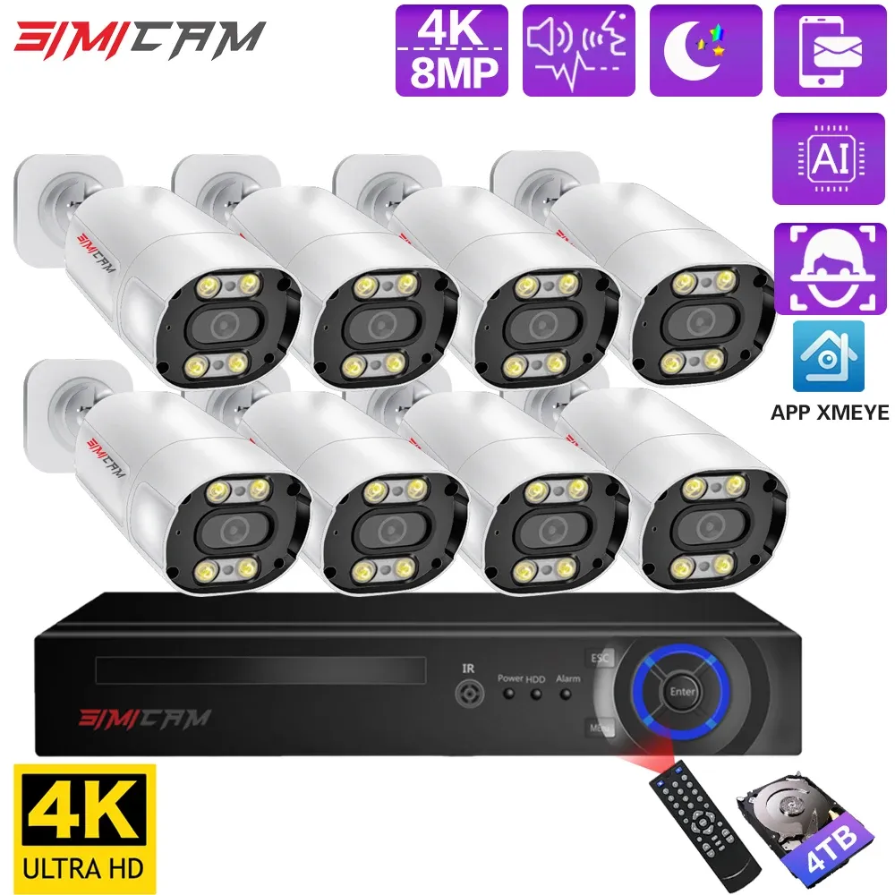 Lente 4K Poe Surveillance Camera System H.265 8CH NVR POE SMART AI com detecção de rosto 8MP Super Color Night Vision 2way Audio