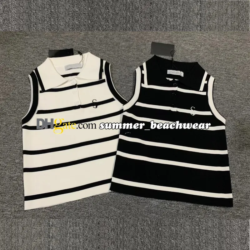 Designer Lapel Knit Vest Stylish Black White Striped Knitted Vest With Buttons Women Knits Tee Summer Breathable Sleeveless Knit Tops