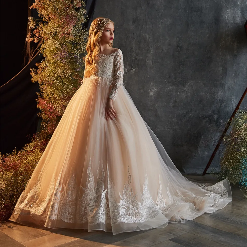 knee length dresses for ladies Flower Girl Dresses for Wedding Long Sleeves Lace Champagne Vintage Communion Ball Gowns Princess Dresses Light Pink / Custom main image 1