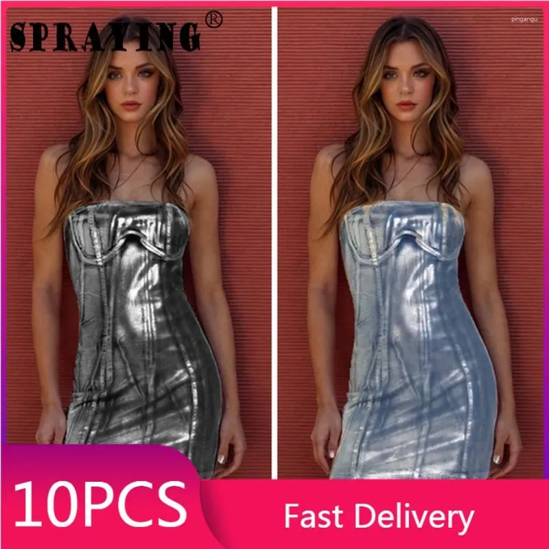 Vestidos casuais 10 Denim Summer 2024 Sexy Y2K Strapless Zipper Bodycon Mini vestido itens em massa de atacado lotes fofos mulheres roupas s13223