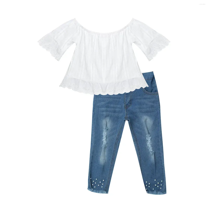 Set di abbigliamento per bambini abiti da ragazza cotone dalla spalla di orlo in pizzo top per perle strappate jeans jeans 2pcs primaverili costumi per bambini 2-14 anni