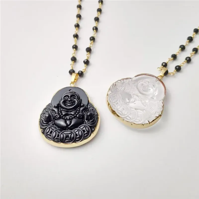 Necklaces Pendant Necklaces Pendant Necklaces FUWO 1Pcs Cute Synthetic Quartz Maitreya Necklace Golden Plated Glass Buddha With Black Beads