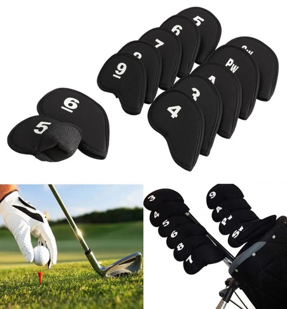 10шт гольф -клуб главы гольф -клуба покрывает железные штучки защитные головные головные укрытия Set Neoprene Black Sports Golf Accessy3216578