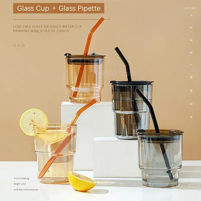 Wine Glasses Cold Brew Milk Tea Coffee Cup Color Bamboo Joint Straw Glass Water Tumbler With Lid And Juice Drinking