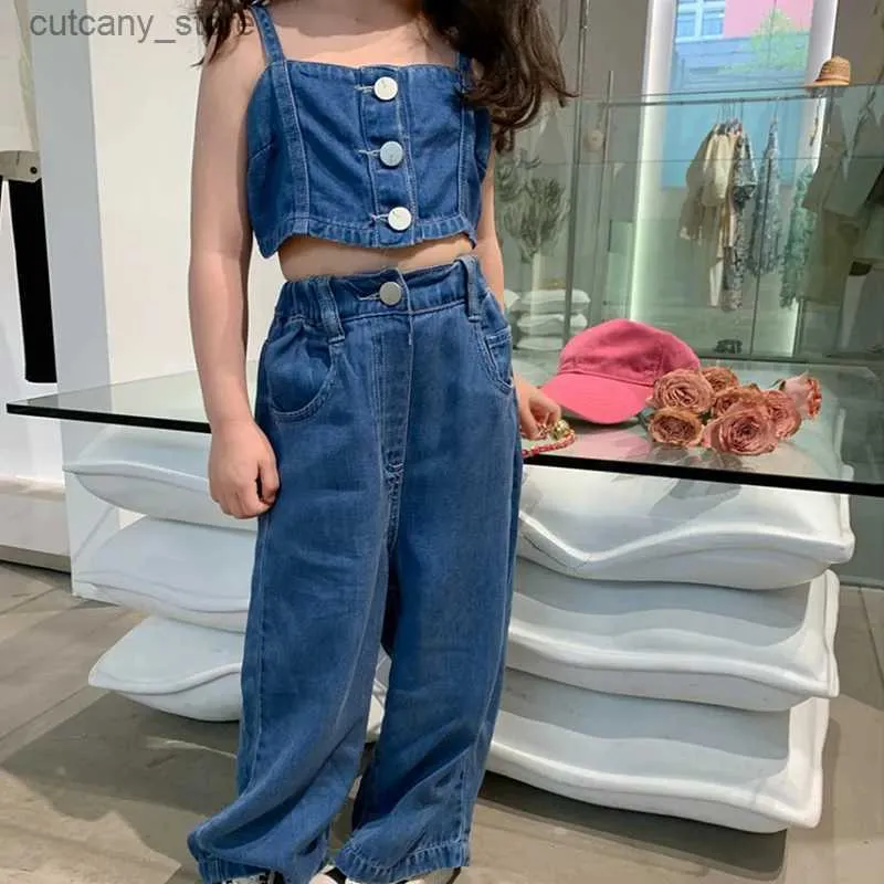 Trousers Girls Denim Sets Short Top +Denim Wide g Pants Summer ChildrenS Clothing Girls Fashion Kids Outfit Children Girls Clothes L46