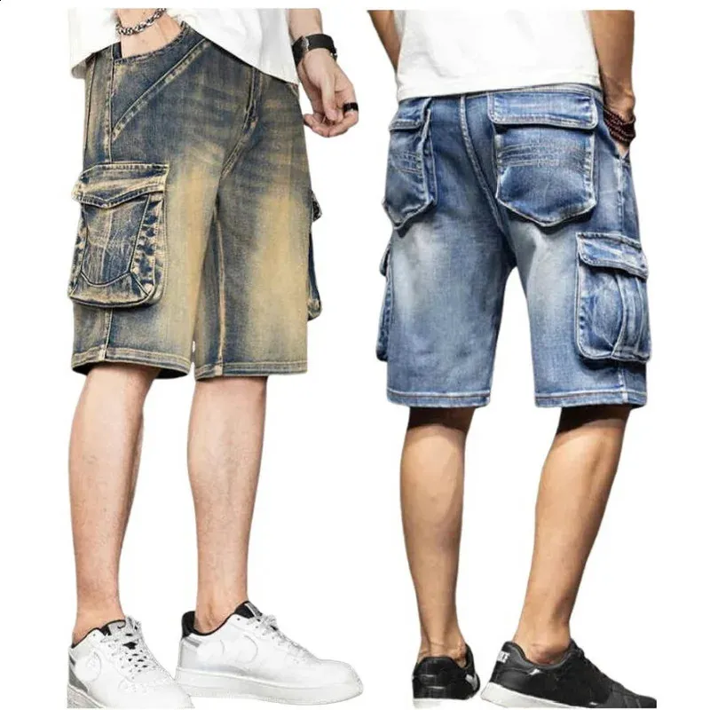 Hommes en boucles amples en vrac streetwear long 34 cargo poche bermuda mâle multiple denim 240328