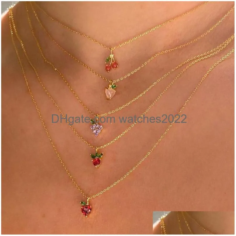 Pendant Necklaces Fruit Choker Necklace Cubic Zirconia Cz Lemon Cherry Orange Apple Bling Women Fashion 18K Gold Plated Luxury Iced Ou Dhgwa