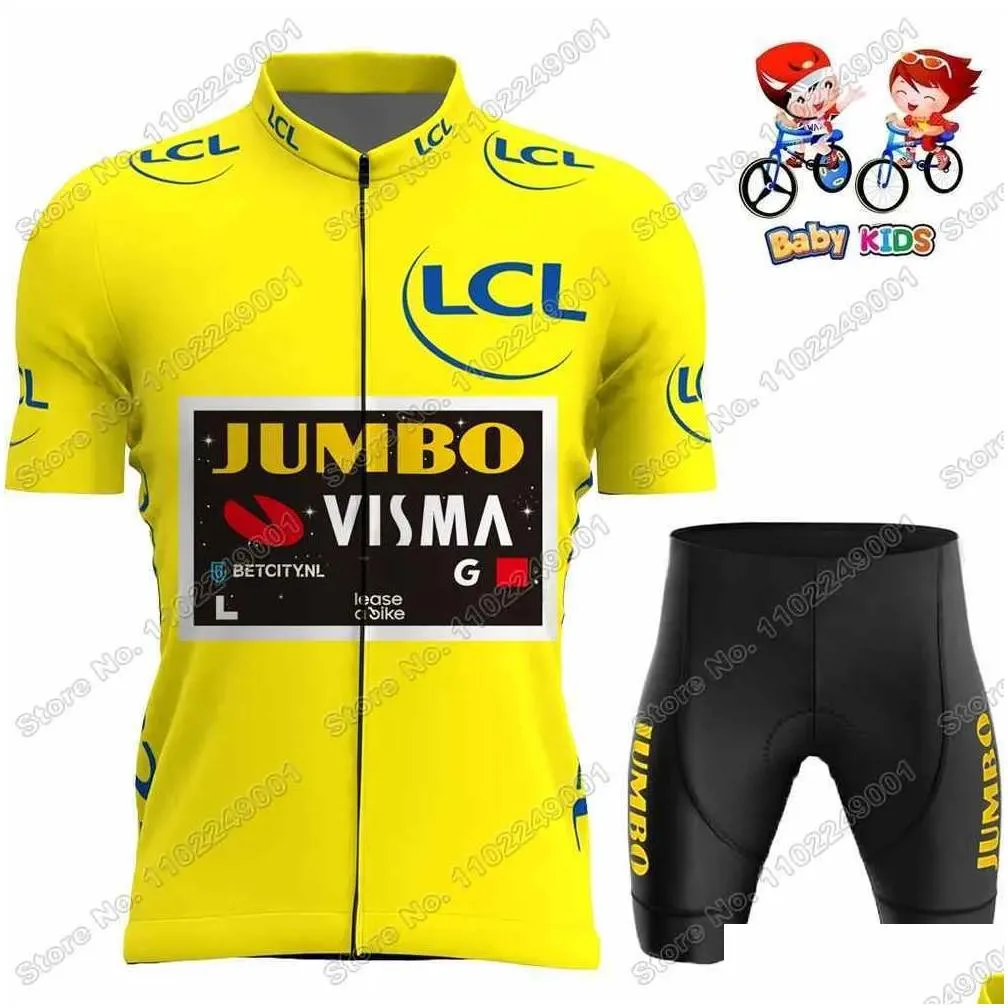 Cykeltröja sätter barn Jumbo VISMA Trilogy Set Italy Frankrike Spanien Tour pojkar flickor kläder röd gul droppe leverans utomhus otz7s