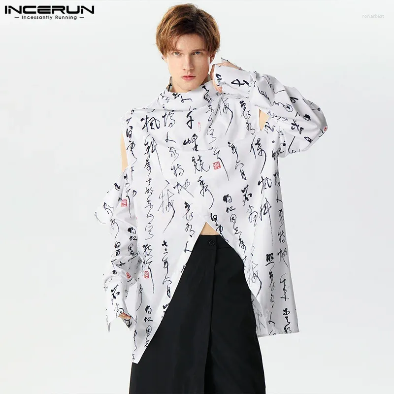 Casual shirts voor heren 2024 Men Shirt Drukt Turtleneck Off Shoulder Lange Mouw Onregelmatige Streetwear Loose Fashion Camisas Incerun