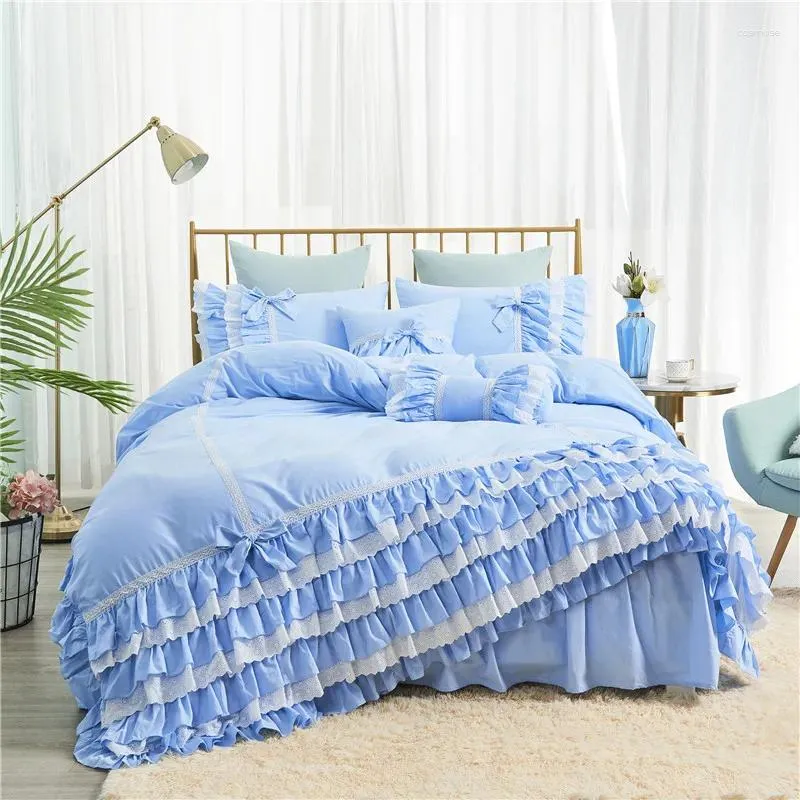 寝具セットピュアコットン韓国のプリンセスフリルレースケーキレイヤーソリッドカラーブルー刺繍スカートスタイルセットYYX