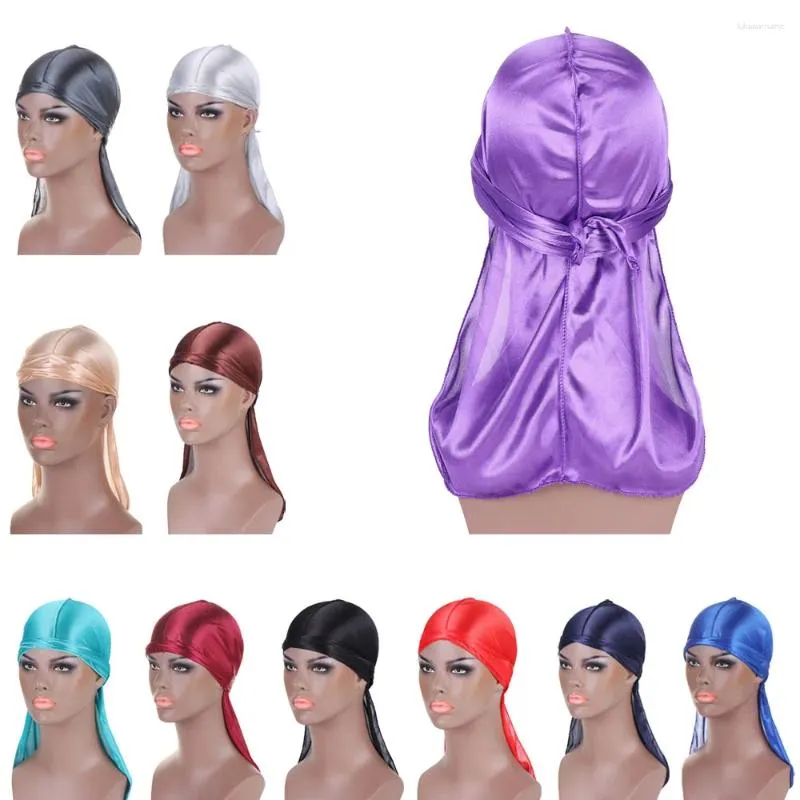 Berets Unisex Women Men Silky Durag Bandanas Turban Hat Wigs Doo Satin Durags Biker Headwear Headband Du-Rag Hair Accessories Long Tail
