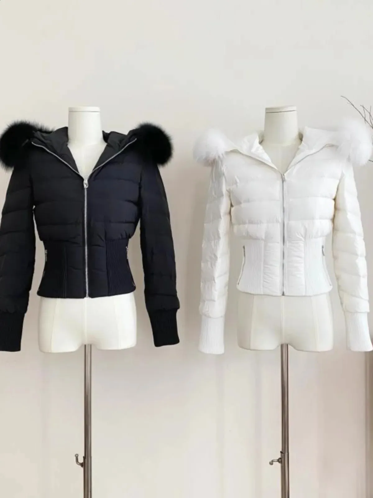 White Down Hood with Real Black Fox Fur Trim Hooded Black And White Fox Fur Jacket - 100% Real Fur main image 3