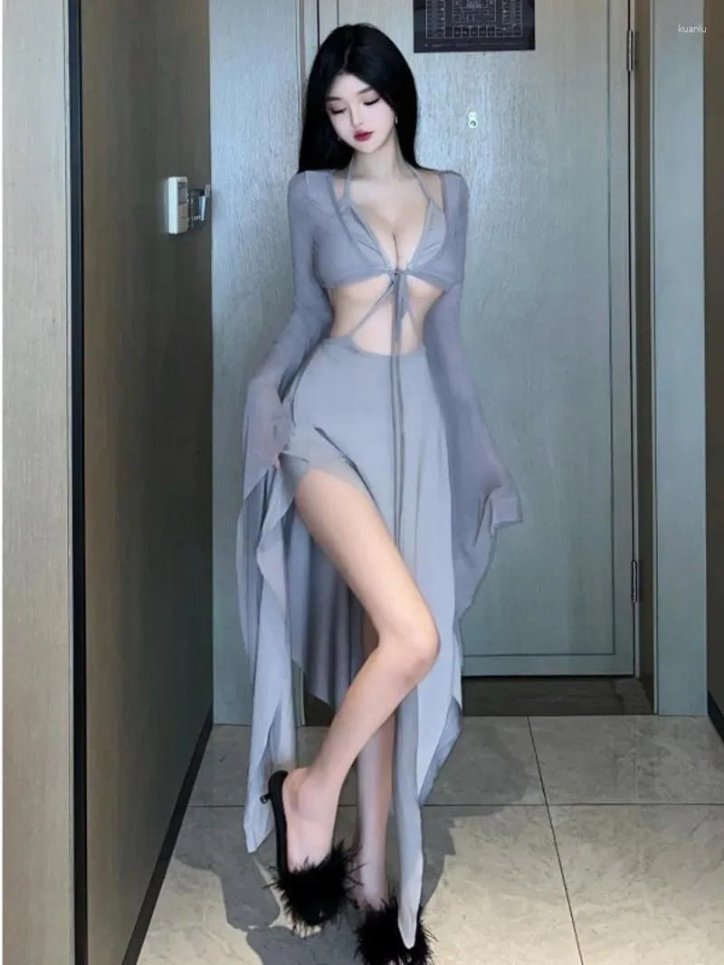 Casual Dresses Grey Fairy Dress Robe Bandage V Neck Sexig Spicy Girl Beach Resort Long Elegant Auutmn Fashion Women Tops S331