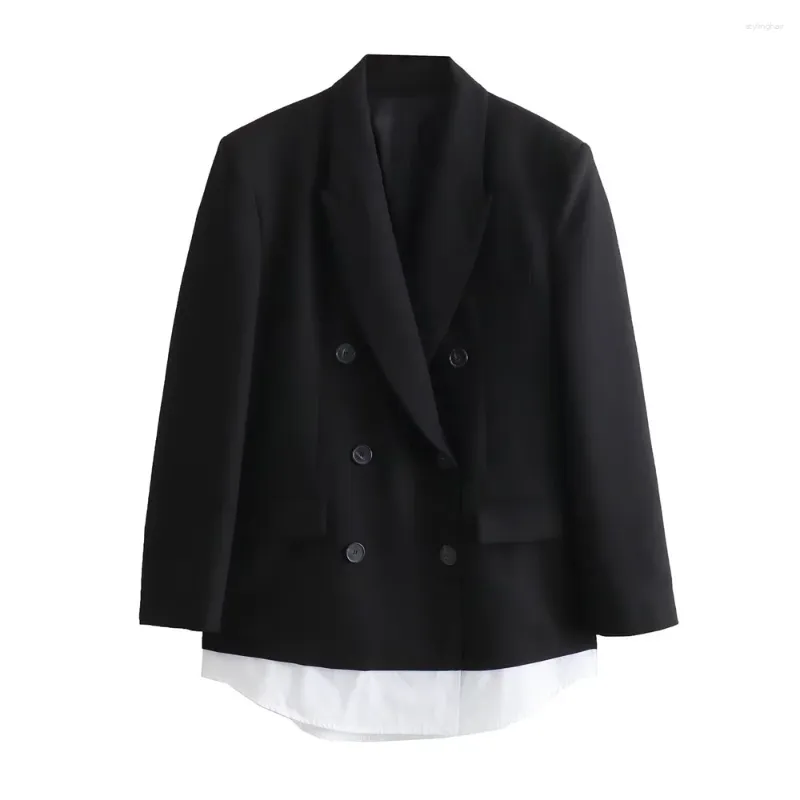 Women's Suits 2024ZAR Spring/Summer Selling Polo Collar Long Sleeved Double Breasted Contrast Poplin Panel Suit Coat